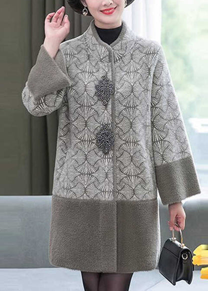 Grey Stand Collar Print Patchwork Mink Velvet Coats Spring