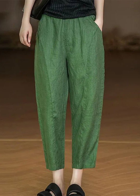 Yellow Pockets Elastic Waist Cotton Crop Pants Summer
