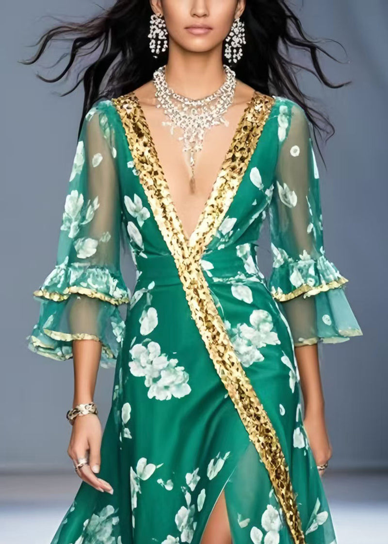 Green V Neck Print Chiffon Holiday Dress Flare Sleeve