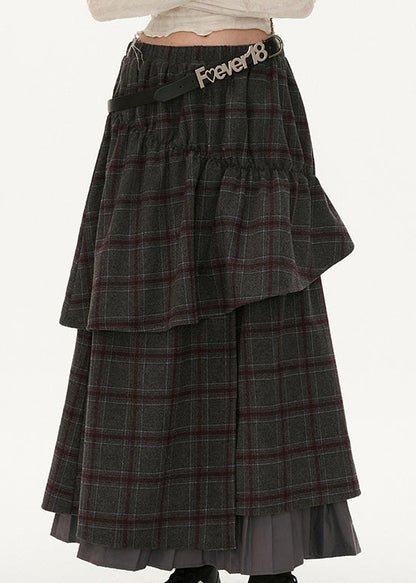 Grey Plaid False Two Pieces Patchwork Cotton Skirts Fall
