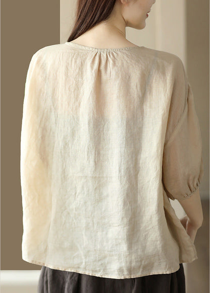 Apricot O-neck Embroidered Low High Design Ramie Shirts Summer