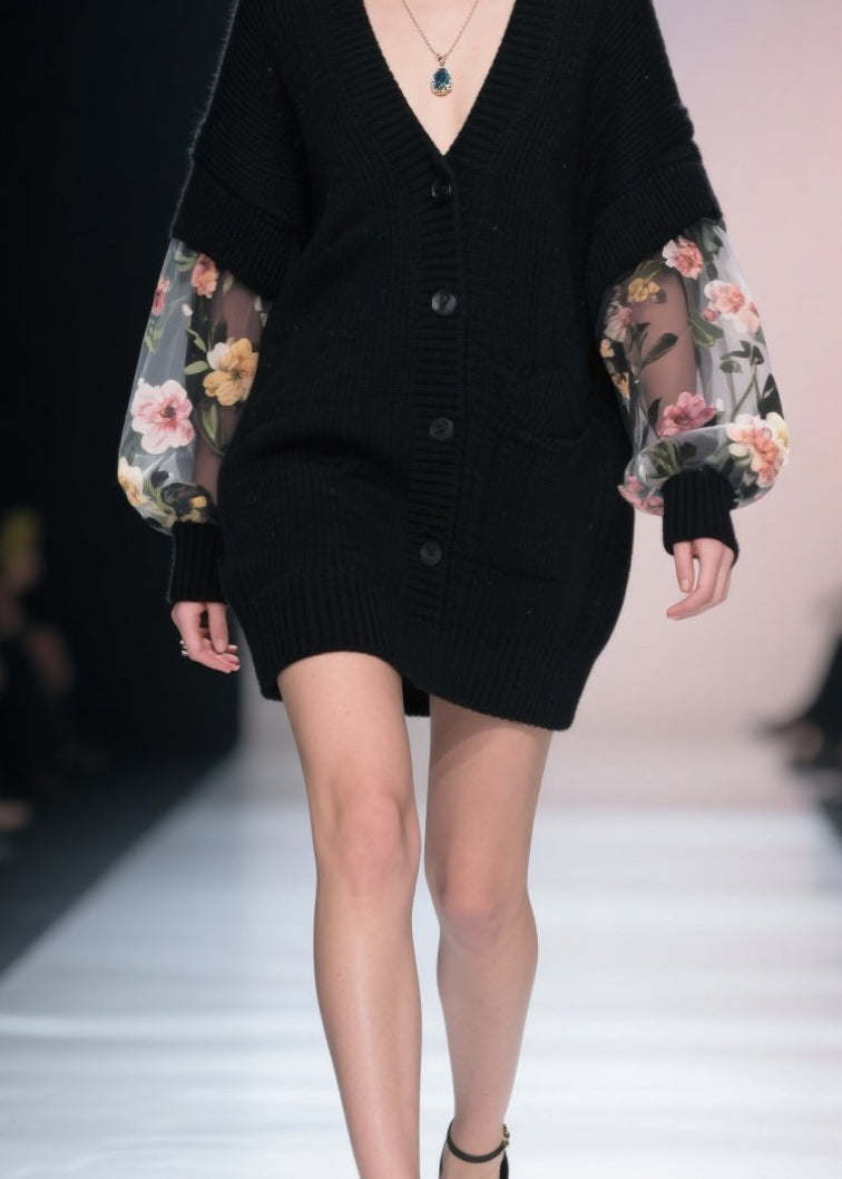 Black V Neck Button Tulle Patchwork Knit Loose Coat Fall
