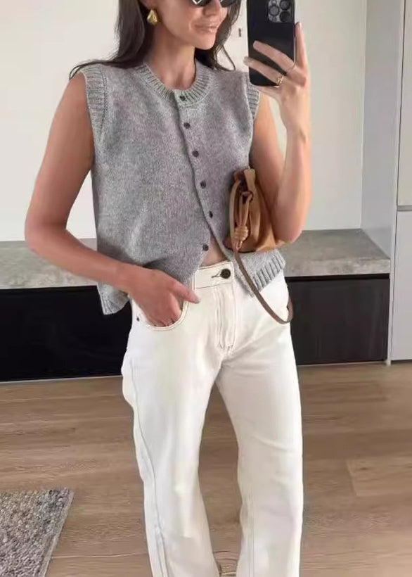 Italian Apricot O Neck Button Knit Vest Cardigans Sleeveless