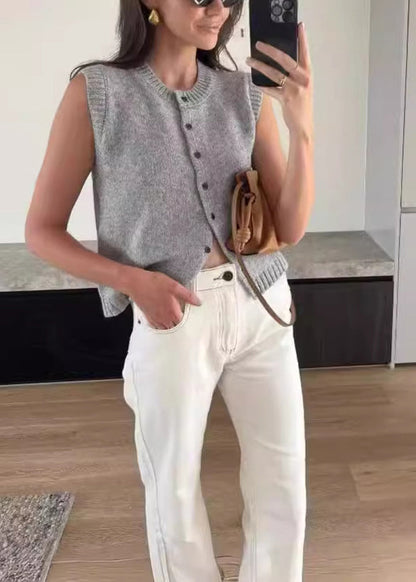Italian Apricot O Neck Button Knit Vest Cardigans Sleeveless