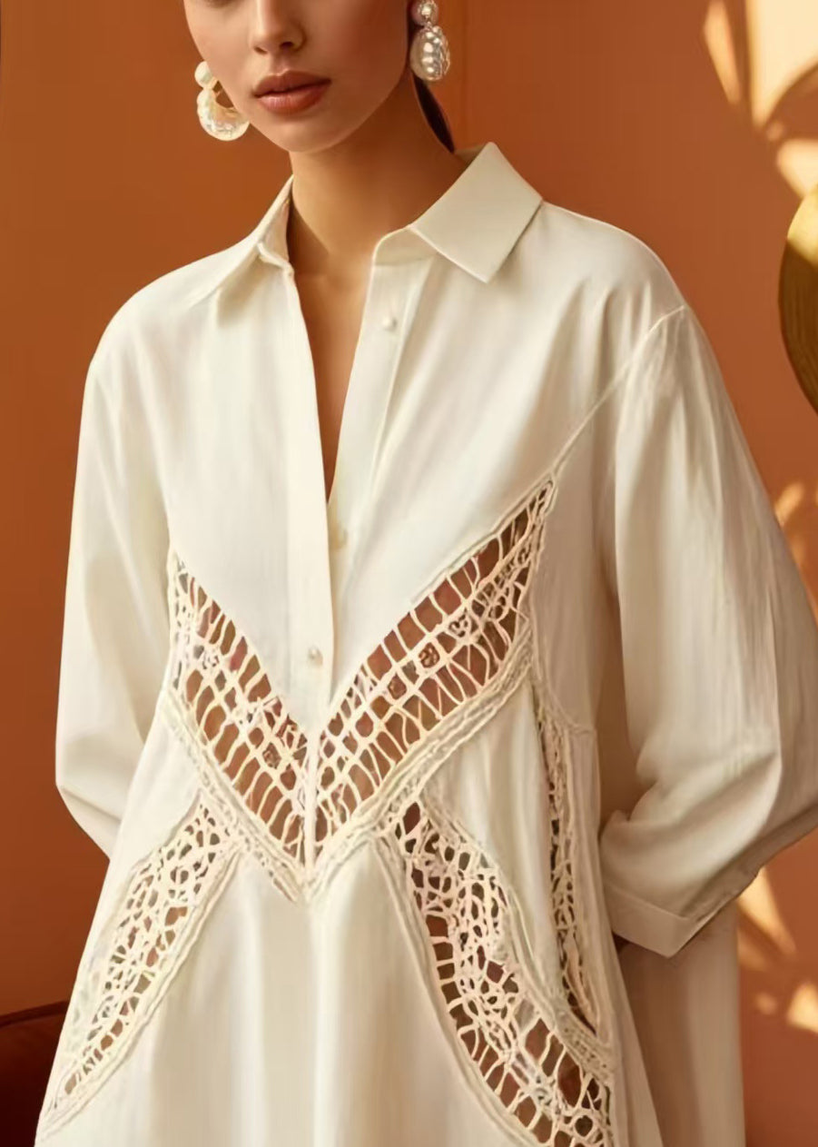 White Oversized Hollow Out Cotton Shirt Dress Spring