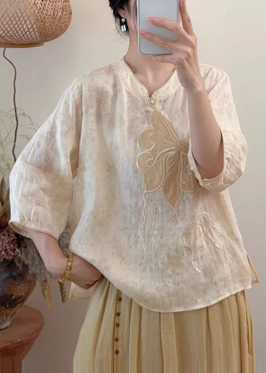 Blue Embroidered Sequins Linen Shirt Tops Summer