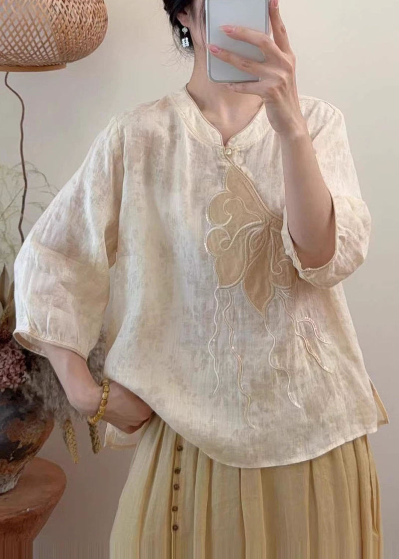 Blue Embroidered Sequins Linen Shirt Tops Summer