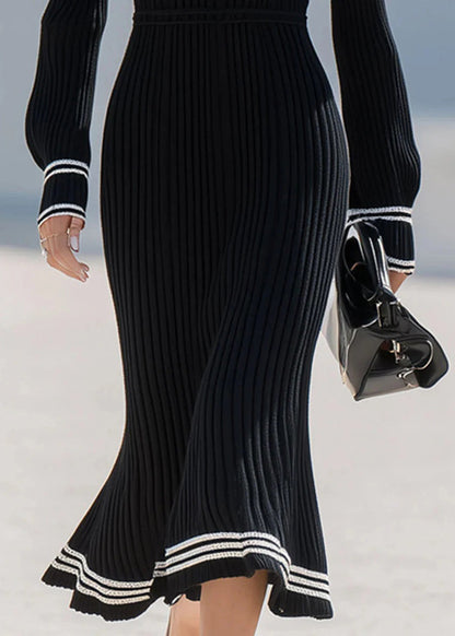 Black V Neck Striped Patchwork Knit Dress Fall
