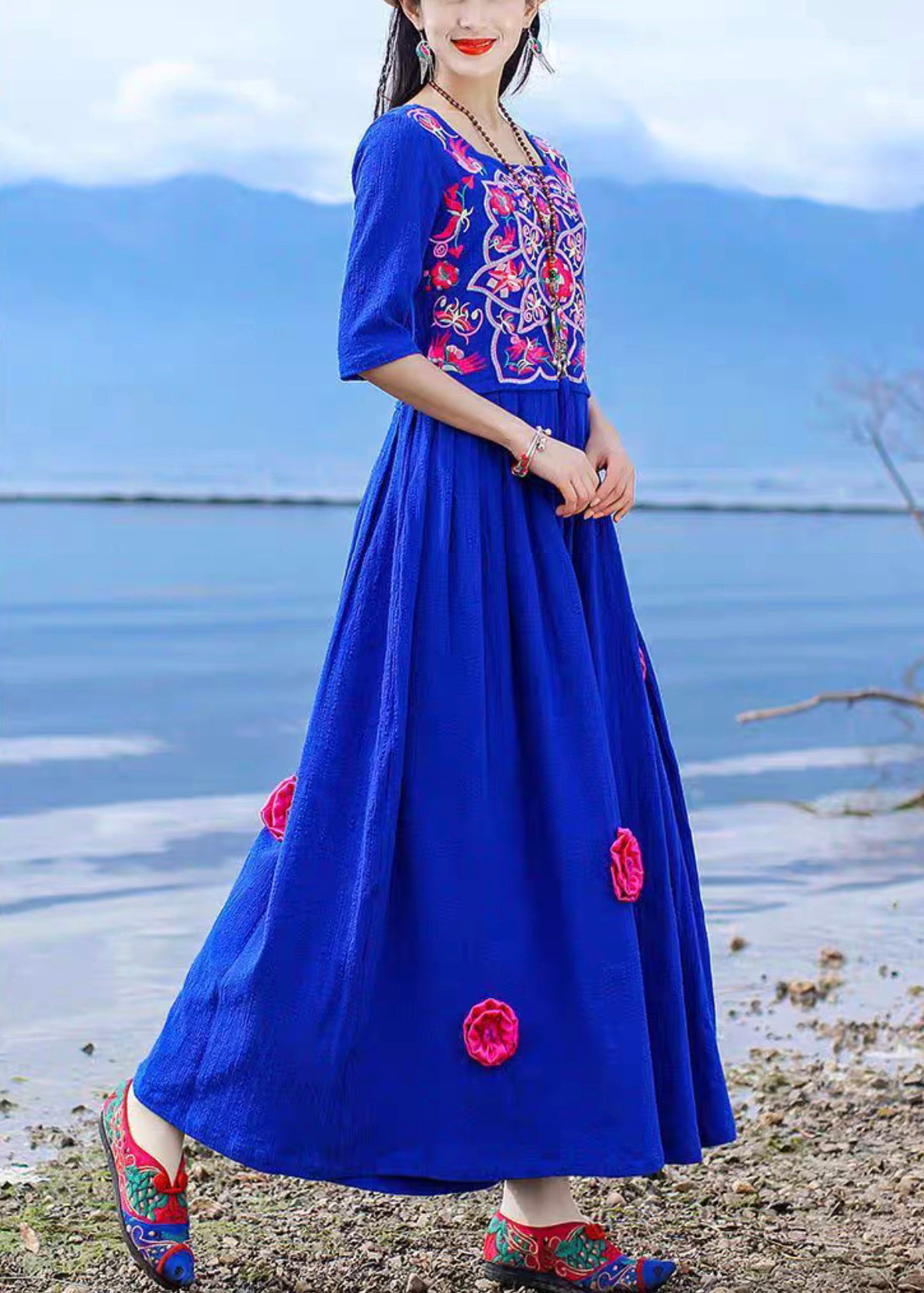 Blue Embroidered Tie Waist Cotton Long Dress Half Sleeve