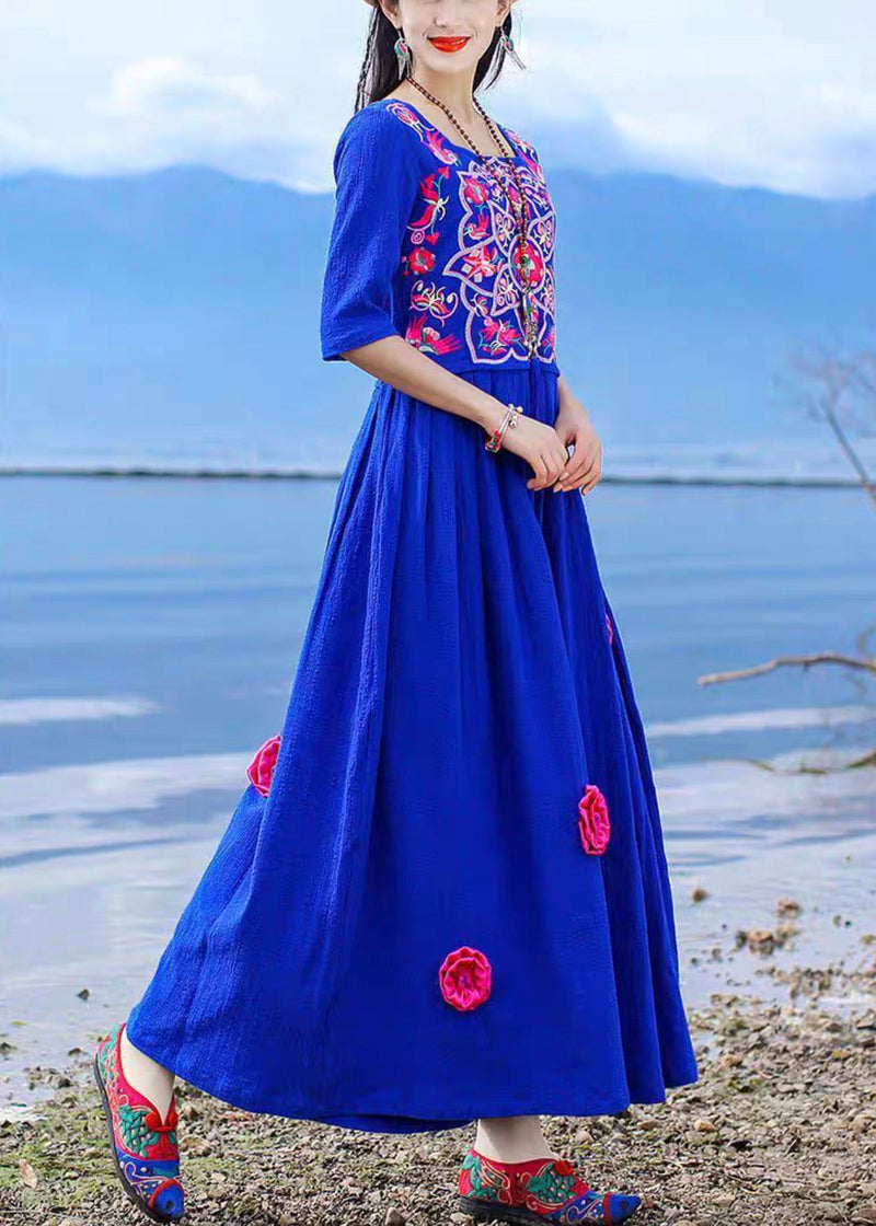 Blue Embroidered Tie Waist Cotton Long Dress Half Sleeve
