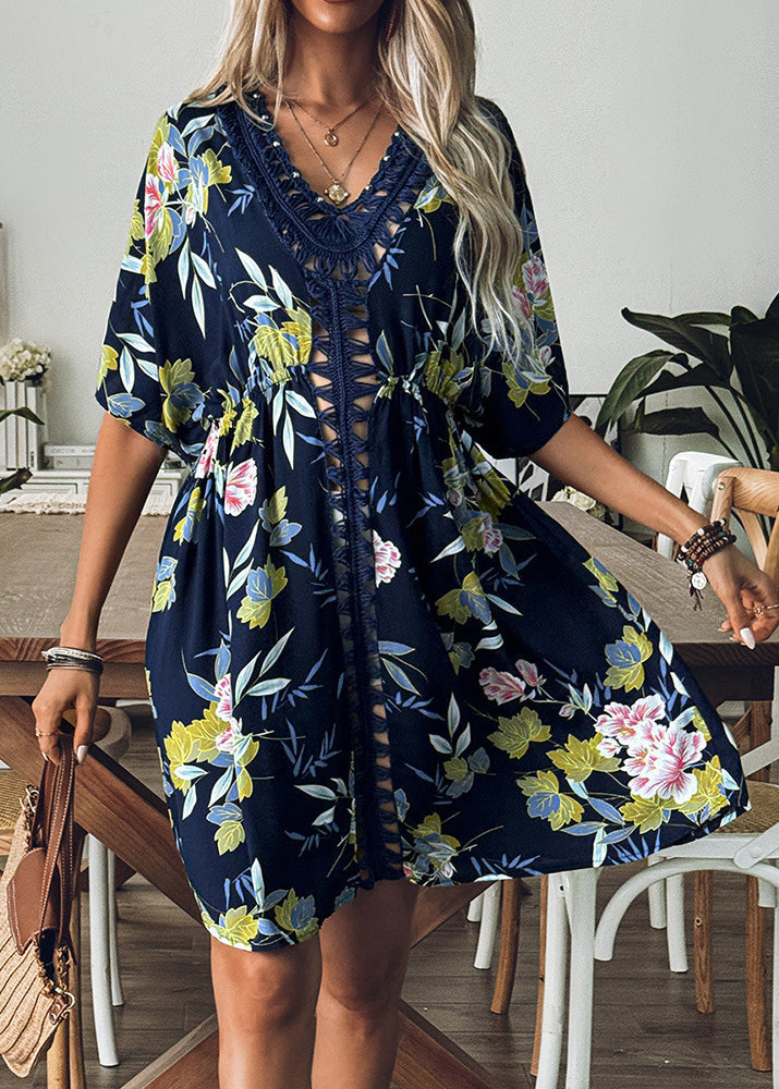 Loose Navy V Neck Hollow Out Print Cotton Dress Batwing Sleeve