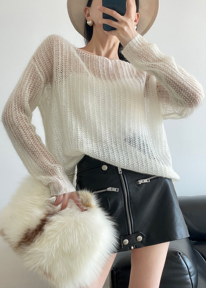 White Cozy Knit Sweater Hollow Out Winter