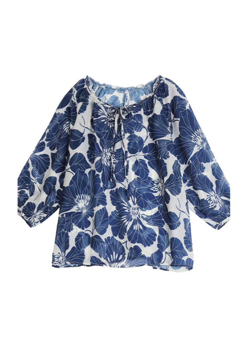 Blue Ruffled Lace Up Print Chiffon Shirt Tops Summer