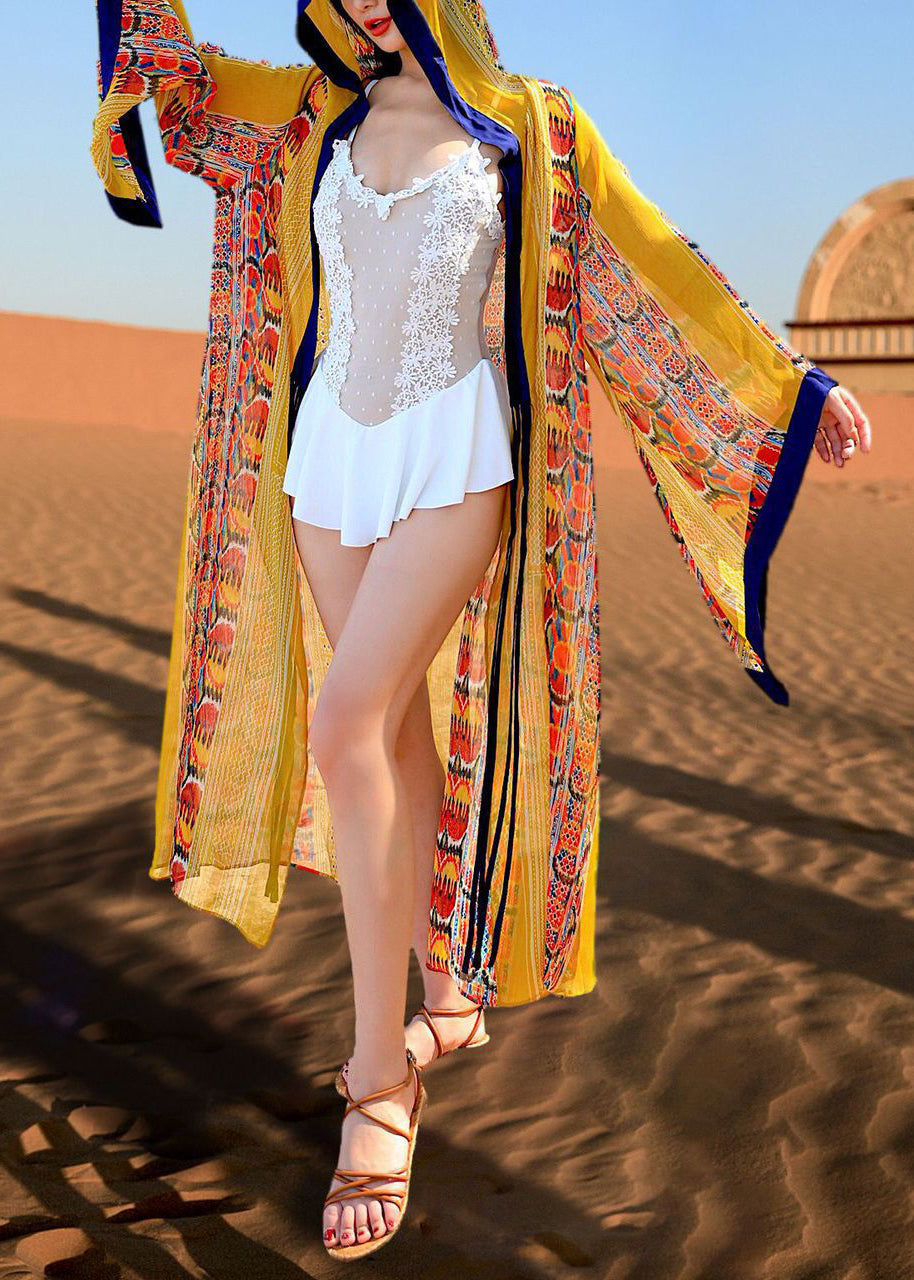 Yellow Hooded Print Chiffon Long Cardigan Flare Sleeve