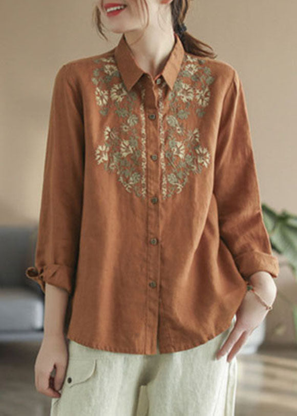 French Beige Peter Pan Collar Embroidered Linen Shirt Tops Spring
