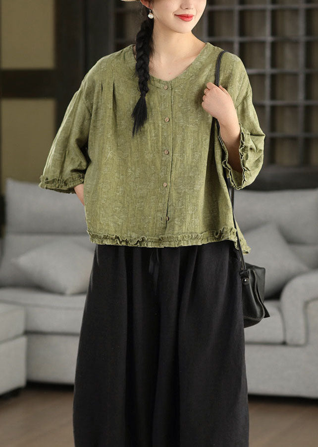 Green Ruffled Jacquard Linen Blouses Bracelet Sleeve