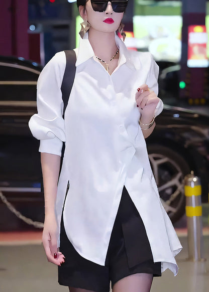 White Asymmetrical Button Cotton Blouses Fall