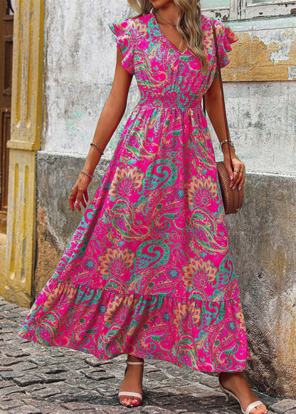 Rose V Neck Print Cotton Maxi Dress Butterfly Sleeve