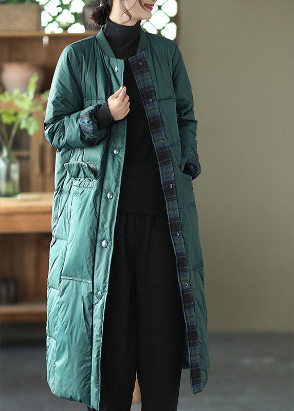 Green Stand Collar Button Pockets Patchwork Winter Down Coat