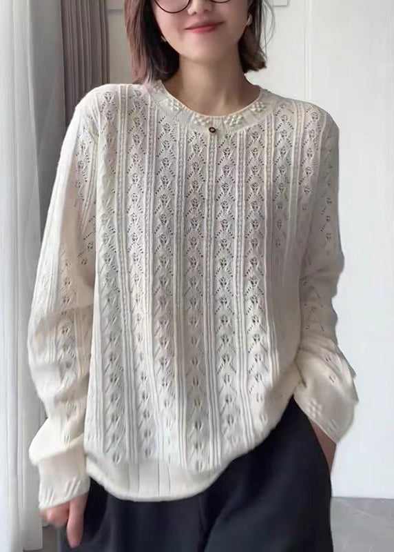 White O Neck Hollow Out Knit Top Fall