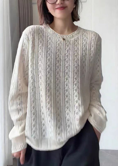 White O Neck Hollow Out Knit Top Fall