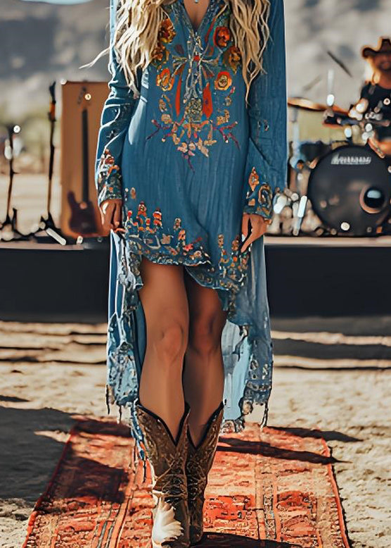 Handmade Blue V Neck Print Low High Design Cotton Dress Spring