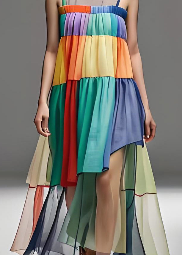 Loose Colorblock O Neck Tulle Patchwork Cotton Dresses Sleeveless