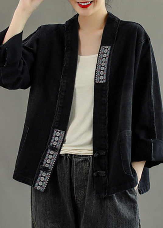 Black Embroidered Pockets Button Patchwork Fall Denim Coat