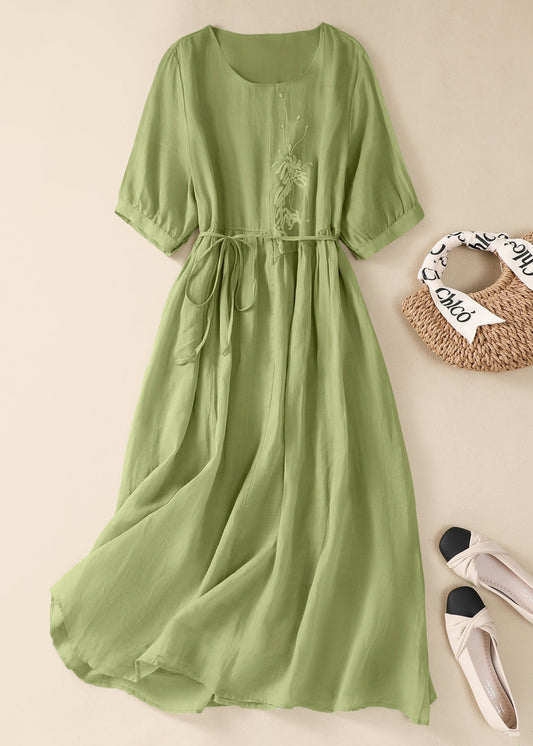 Chinese Style Green O-neck Embroidered Tie Waist Cotton Dresses Summer