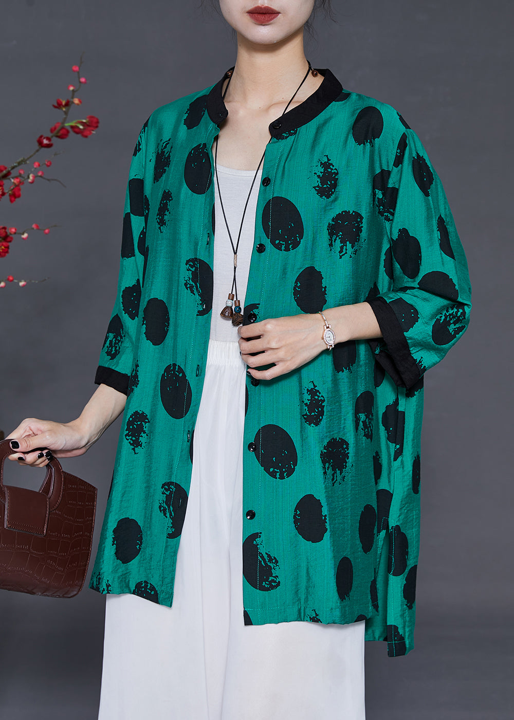 Green Oversized Print Linen Silk Long Shirt Summer