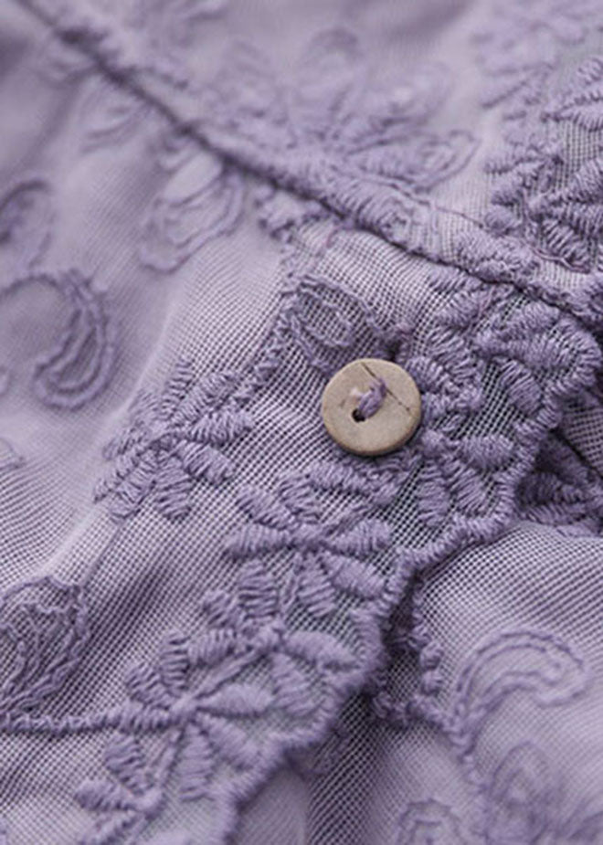Boutique Purple V Neck Embroidered Patchwork Lace Top Long Sleeve