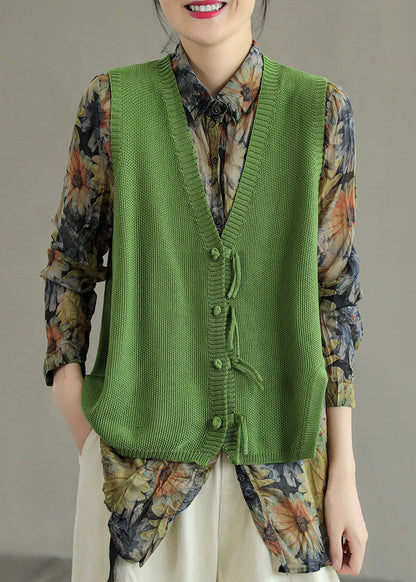 Brown V Neck Button Tassel Patchwork Knit Vest Sleeveless