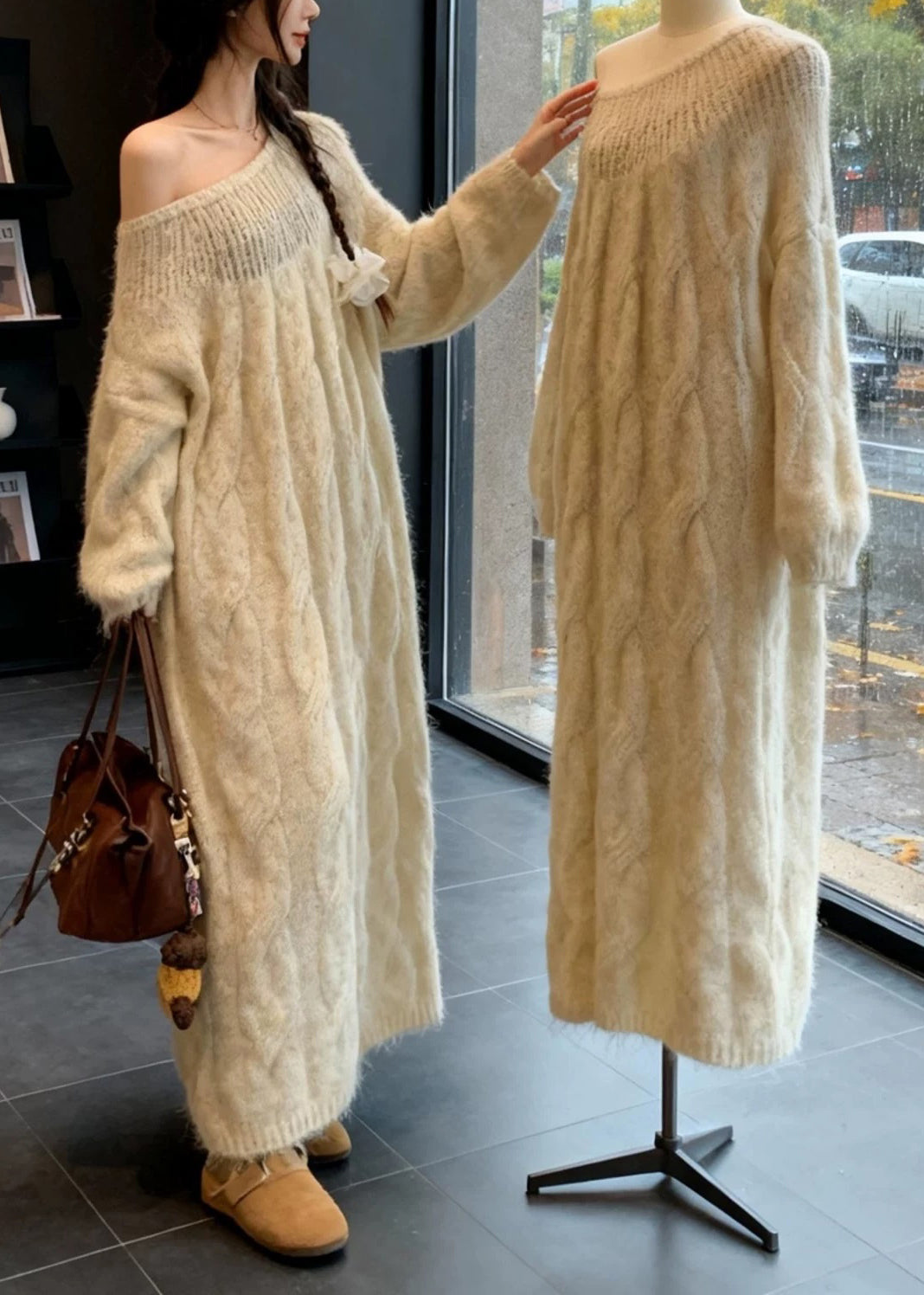 Beige Cold Shoulder Cable Knit Dress Spring