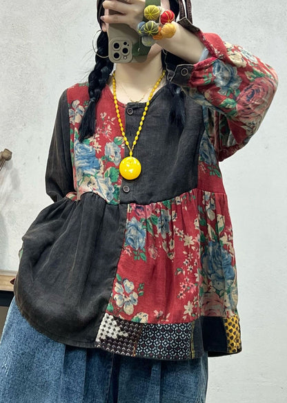 Black O Neck Print Patchwork Cotton Top Long Sleeve