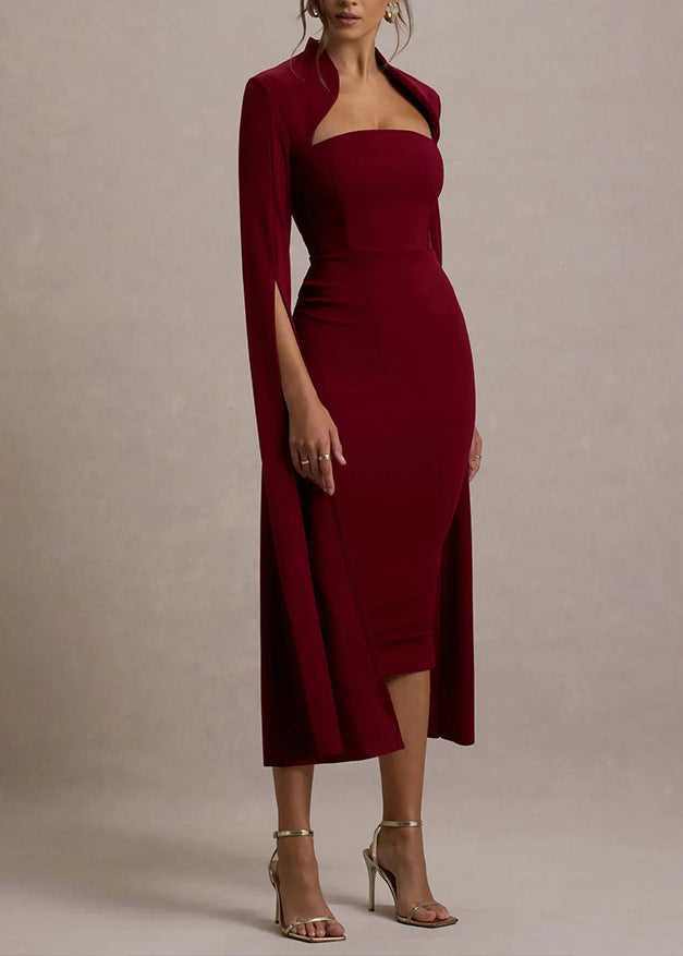 New Wine Red Long Sleeved Slit Ribbon Dress Hollowed Out