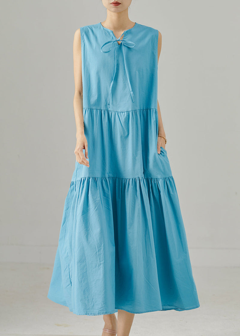 Sea Blue Lace Up Patchwork Cotton Dress Sleeveless