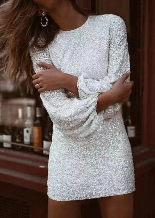 White O Neck Sequins Dress Lantern Sleeve