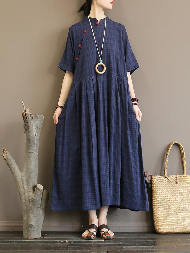 Pleated Plaid Chinese Style Dress