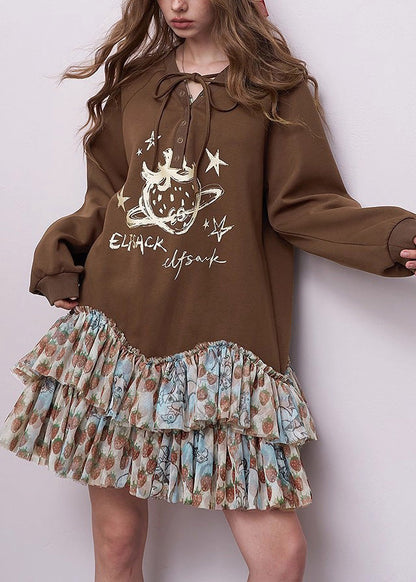 Brown Oversized Patchwork Cotton Sweatshirts Dress Fall