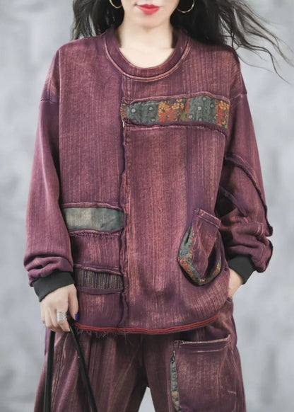 Purple O Neck Pockets Patchwork Cotton Top Spring