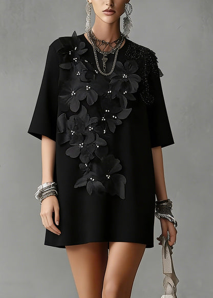 Handmade Black O-neck Zircon Top Short Sleeve