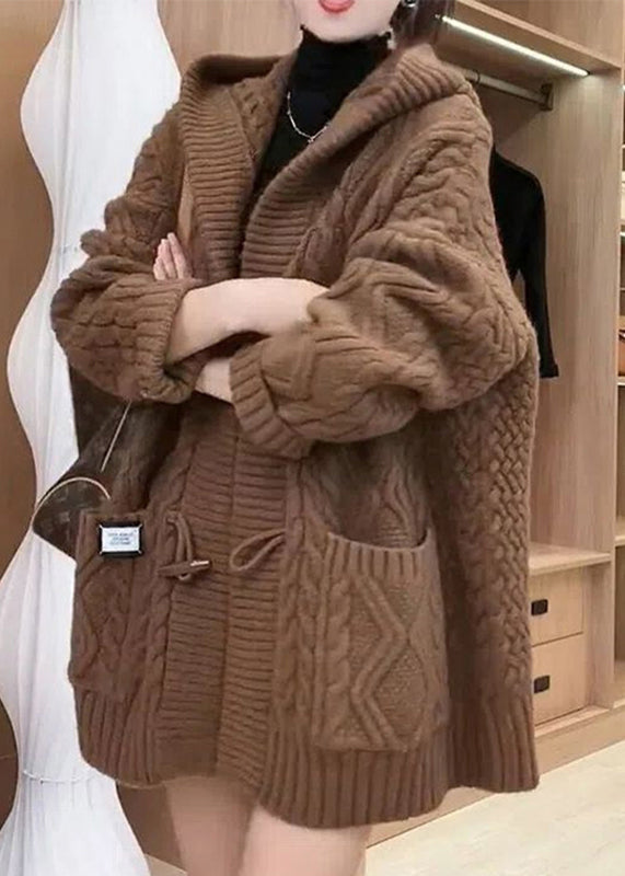 Chocolate Colour Button Cable Knit Sweaters Coats Fall