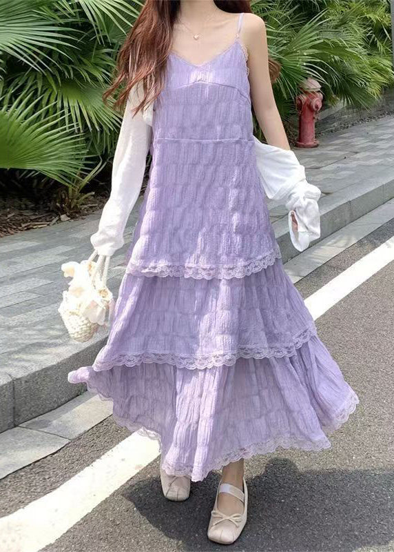 Purple V Neck Lace Cotton Spaghetti Strap Dress Sleeveless