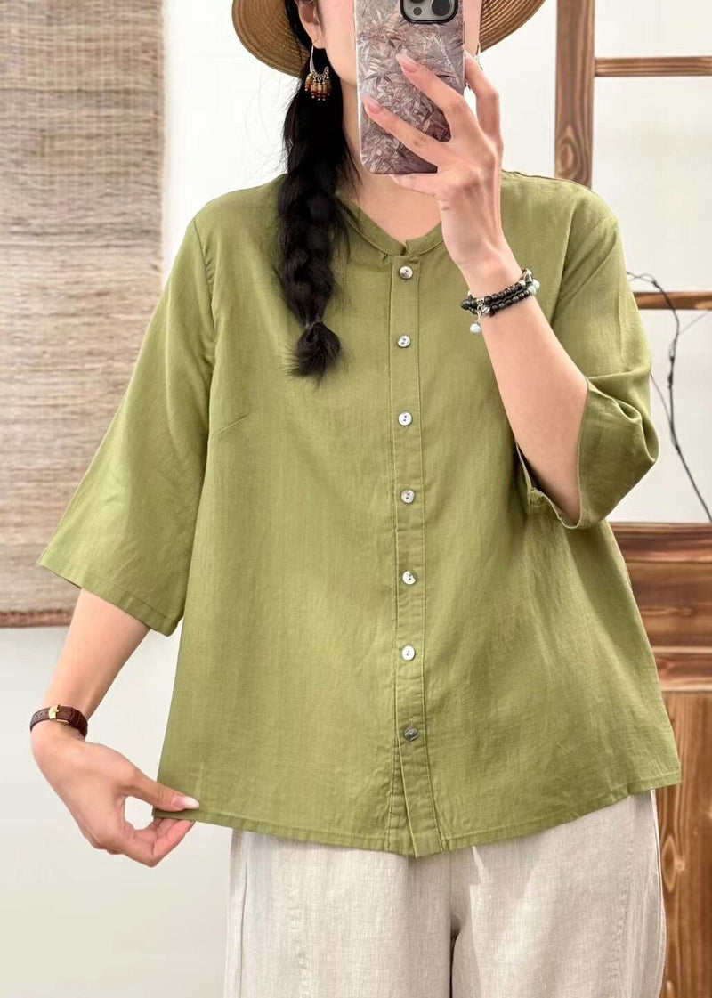 New Orange O Neck Button Linen Blouse Half Sleeve