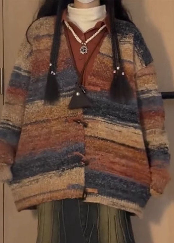 V Neck Print Knitted Cotton Thread Cardigans Long Sleeve