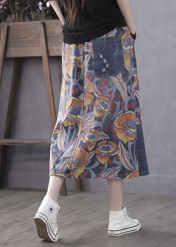 Blue Pockets Print Patchwork Elastic Waist Denim Skirt Spring