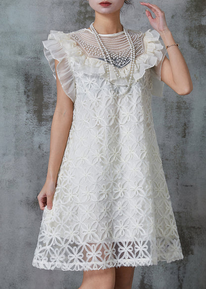 French White Stereoscopic Nail Bead Tulle Mid Dress Summer