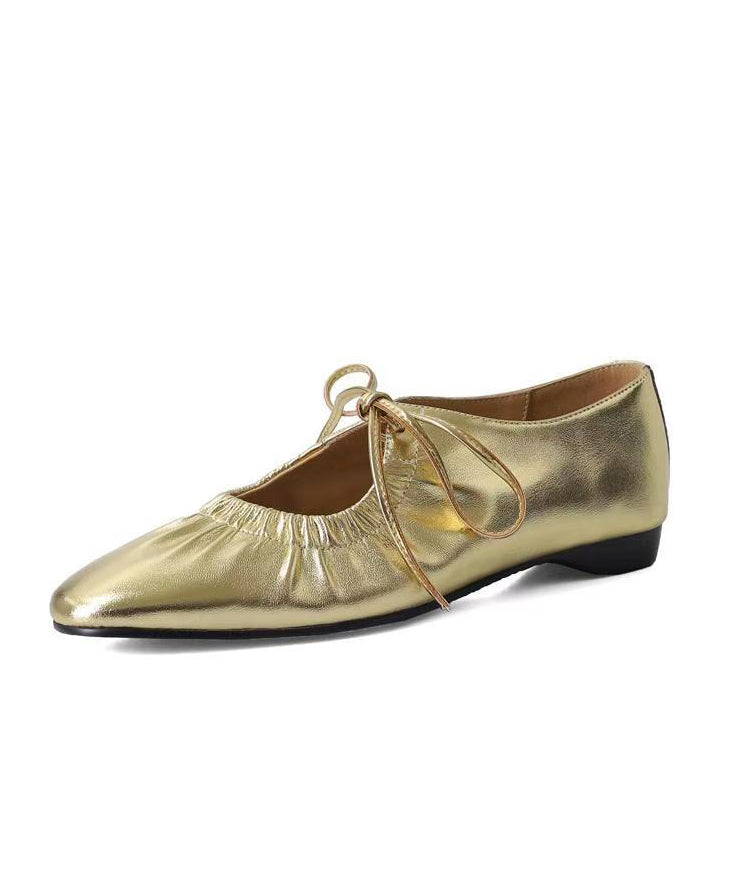 Gold Lace Up Faux Leather Splicing Flat Shoes