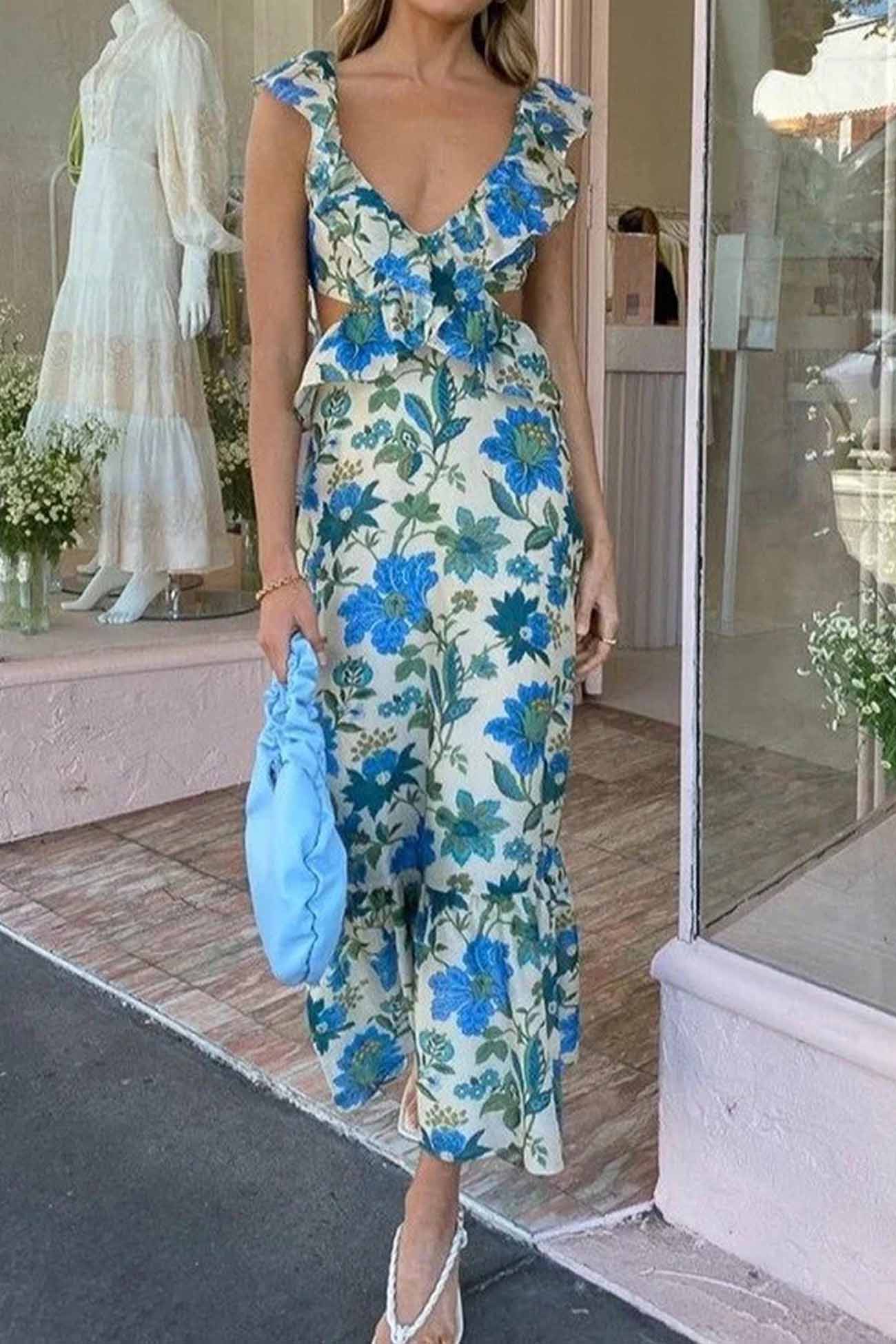 Ruffled Cutout Printed Lace Up Dress