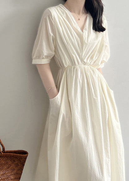Khaki V Neck Pockets Wrinkled Cotton Dress Summer